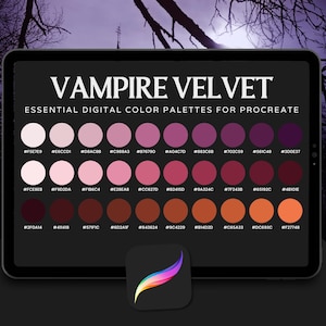May include: A digital color palette titled "Vampire Velvet" displayed on a tablet screen. The palette features a range of pink, purple, and orange hues, with color codes listed below each swatch. The Procreate app logo is at the bottom.