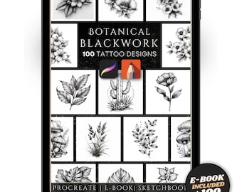 Blackwork Botanical Tattoo Designs: 100 Floral Stamps (Procreate, Sketchbook)