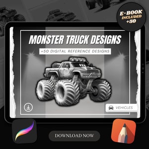 50 Monster Truck Procreate Brush Stamps: Tattoo & Automotive Art (Digital Download)