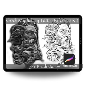 Peut inclure: Une illustration numérique d'un dieu grec avec une barbe et des cheveux flottants. L'image est en noir et blanc et a un style de dessin au trait. Le texte "Greek Mythology Tattoo Reference Kit" et "32+ Brush stamps" est visible sur l'image. Le logo de l'application Procreate est également visible.