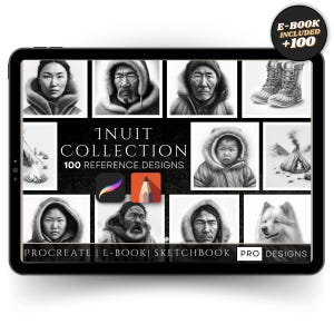 Op de afbeelding: Een digitale kunstcollectie op een tablet, met zwart-wit portretten en illustraties van Inuit-mensen, kleding en scènes. De tekst luidt "INUIT COLLECTION 100 REFERENCE DESIGNS" en "E-BOOK INCLUDED +100".