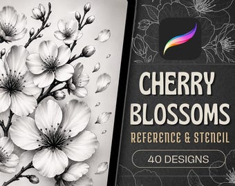 Cherry Blossom Tattoo Stencil & Design Bundle | 40 Procreate Reference Designs + Stencils | Digital Download for Tattoo Artists