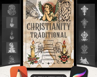 Traditionelle Christliche Tattoo Schablonen: Procreate Brush Set (PDF E-Book)