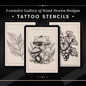 May include: Three digital illustrations on a black background. The illustrations are on a white background and are in black and white. The first illustration is of a leaf. The second illustration is of three mushrooms with stems and caps. The third illustration is of a bunch of grapes with leaves.