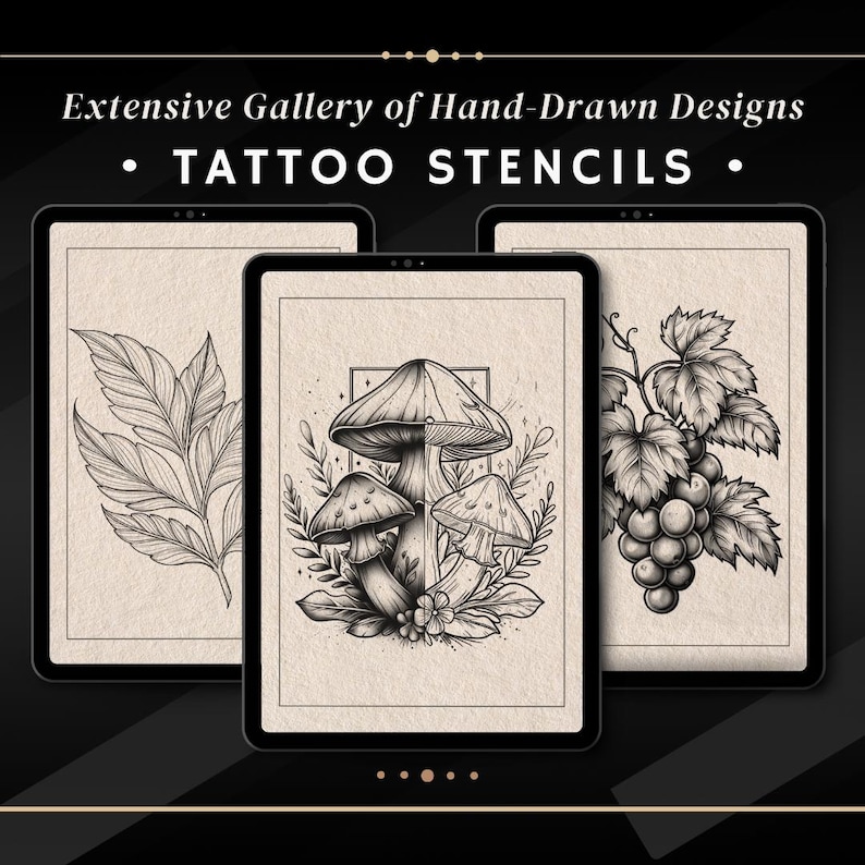 May include: Three digital illustrations on a black background. The illustrations are on a white background and are in black and white. The first illustration is of a leaf. The second illustration is of three mushrooms with stems and caps. The third illustration is of a bunch of grapes with leaves.