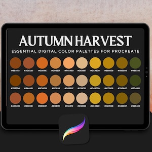 May include: A digital tablet screen displaying a color palette with 36 different shades of brown, orange, yellow, and green. The text "AUTUMN HARVEST" and "ESSENTIAL DIGITAL COLOR PALETTES FOR PROCREATE" is displayed at the top of the screen.