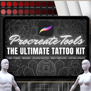 Op de afbeelding: Een digitale tablet toont "Procreate Tools: The Ultimate Tattoo Kit". Het scherm toont een logo en tekst, samen met verschillende elementen gerelateerd aan tatoeages. Een kleurenpalet en twee mannequins zijn ook zichtbaar. De kit bevat stempels, penselen en kleurenpaletten.