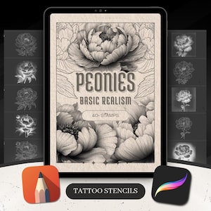 Peonies Brushes Procreate Brush Set | Peony Tattoo Stencils & Stamp Brushes | Procreate Tattoo Reference Designs | PDF E-Book