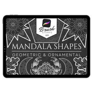 May include: A digital tablet displays a black and white graphic with the text "MANDALA SHAPES GEOMETRIC & ORNAMENTAL". The image includes a logo for "Brush Stamps 60" and various mandala designs.