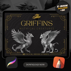 50 tampons pinceaux Griffin Procreate | Dessins de tatouage | Art numérique | Pinceaux procréer | Feuilles de tatouage flash | Art mythique