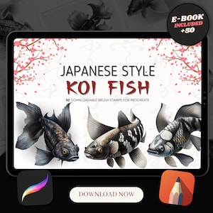 50 Japanese Koi Fish Procreate Brush Stamps: Tattoo Designs (Digital Download)