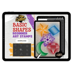 May include: A digital tablet screen displaying a set of 120 basic shape art stamps for beginners. The screen shows a preview of the stamps, including a star, snowflake, crescent moon, and diamond. The text "Basic Shapes Beginner Art Stamps" is displayed on the screen.