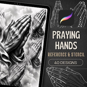 Pode incluir: Uma tela de tablet digital exibindo várias ilustrações em preto e branco de mãos em oração contra um céu nublado. O texto na tela diz PRAYING HANDS REFERENCE & STENCIL 40 DESIGNS, acompanhado por um ícone colorido do aplicativo Procreate.