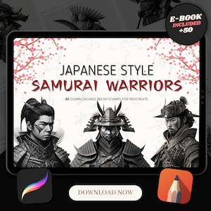 Peut inclure: Une illustration numérique de trois guerriers samouraïs japonais en noir et blanc. L'image est sur un fond blanc avec des fleurs de cerisier roses. Le texte "JAPANESE STYLE SAMURAI WARRIORS" est affiché en rouge et noir. Le texte "50 DOWNLOADABLE BRUSH STAMPS FOR PROCREATE" est affiché en noir. Le texte "DOWNLOAD NOW" est affiché en blanc sur un bouton noir. L'image est pour un produit d'art numérique.