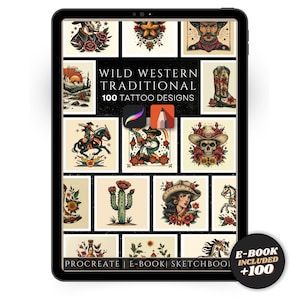 Traditionelle Wild Western Tattoo Designs - Procreate & Sketchbook Brushes | 100 klassische Cowboy Tattoos