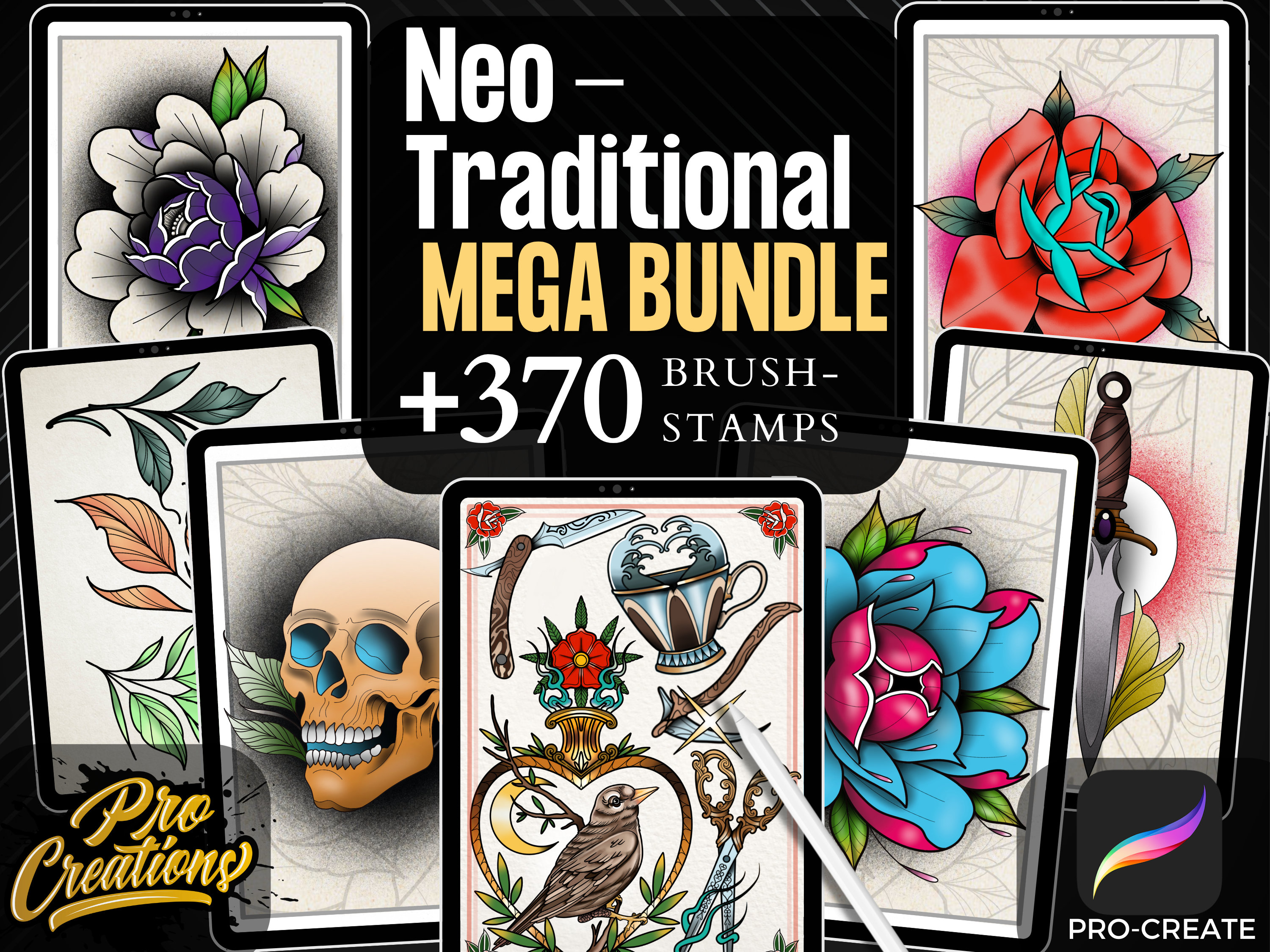 Neo-traditional Tattoo Stamp Brushes: MEGA Bundle Procreate Brush Set ...
