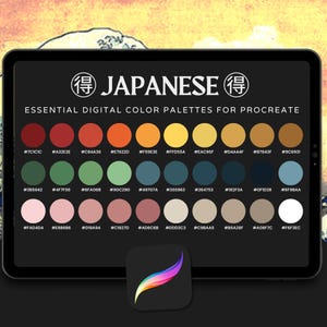 Op de afbeelding: Een digitaal kleurenpalet "Japanese" voor Procreate op een tablet. Het palet bevat een reeks kleuren, waaronder rood, oranje, geel, groen, blauw en roze. Het logo van de Procreate-app staat in de onderste hoek.