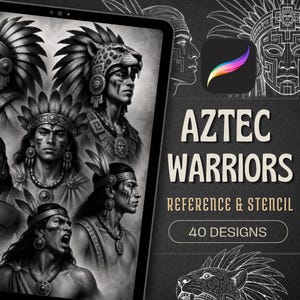 Pode incluir: Uma coleção digital de 40 designs de referência e estênceis de guerreiros astecas exibidos em uma tela de tablet. As ilustrações monocromáticas mostram guerreiros com cocares de penas e peles de jaguar, com o texto AZTEC WARRIORS.