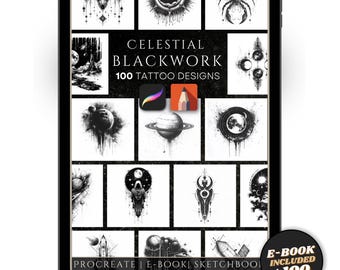 Blackwork Celestial Tattoo Designs: 100 Cosmic Procreate Stamps (PDF eBook)