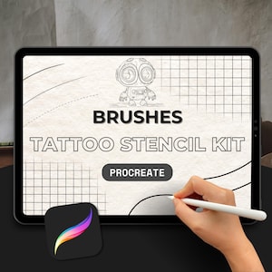 May include: A digital tablet screen displaying a graphic design of a robot with the text "Brushes Tattoo Stencil Kit" and "Procreate".