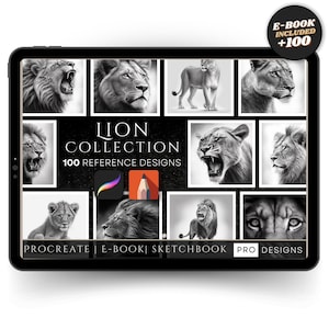 Puede incluir: Una tableta digital muestra una colección de ilustraciones de leones en blanco y negro. El texto "LION COLLECTION" y "100 REFERENCE DESIGNS" son visibles. La tableta también incluye el texto "PROCREATE | E-BOOK | SKETCHBOOK | PRO DESIGNS". Se incluye un libro electrónico.