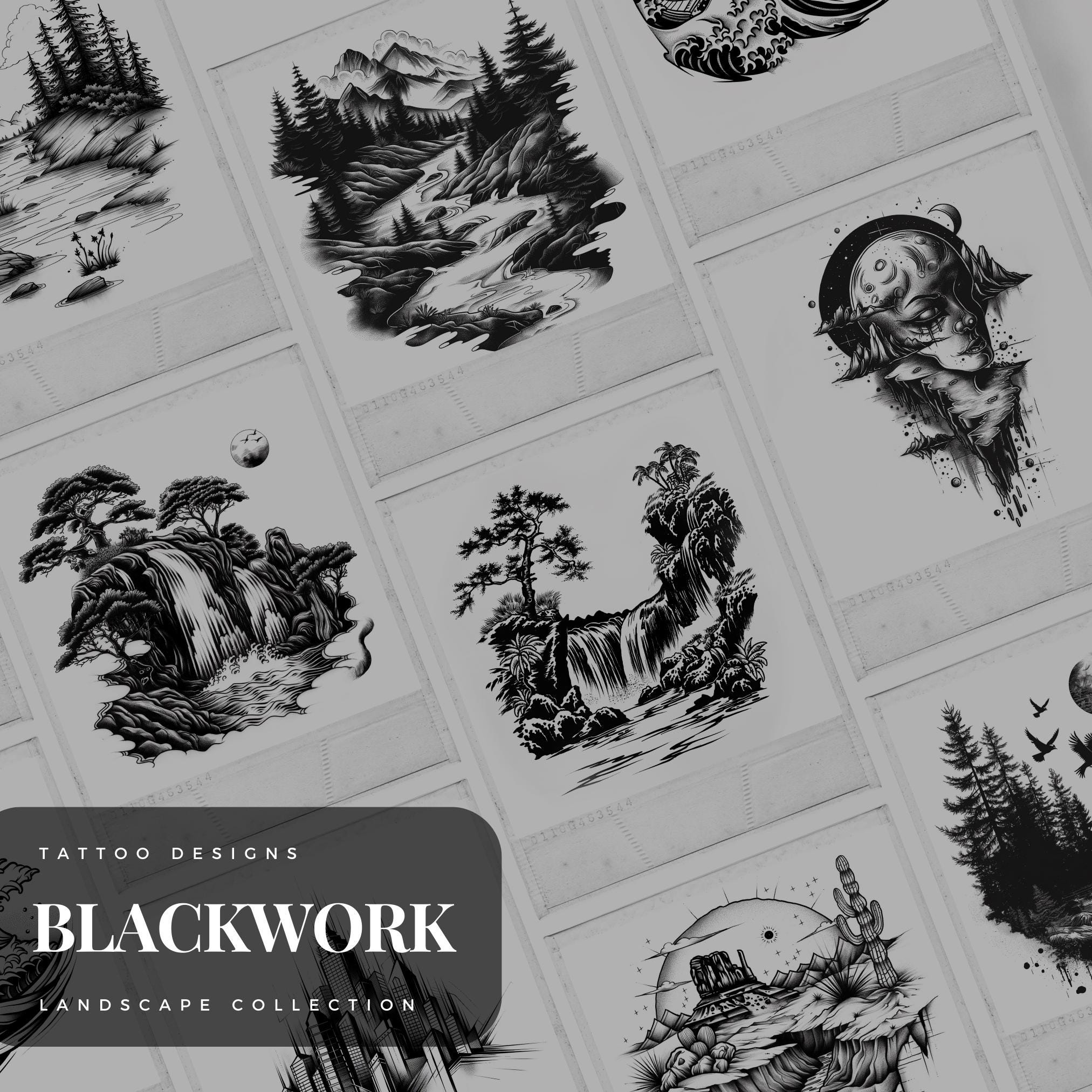 Blackwork Landscape Tattoo Flash Stamps: Procreate Brushes (digital ...