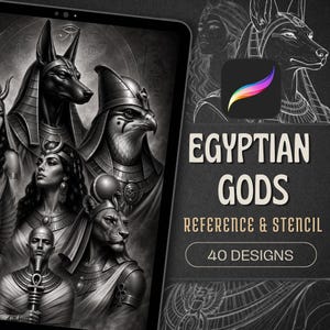 May include: A digital illustration on a tablet screen featuring black and white portraits of Egyptian deities including Anubis, Horus, and Bastet. The text reads EGYPTIAN GODS REFERENCE & STENCIL 40 DESIGNS, accompanied by a Procreate app icon.