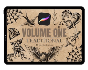 Traditional tattoo Procreate Brush Set VOL 1 | Tattoo Stamp Brushes | Traditional Digital art Tattoo Stencil  | Procreate Brushes for Tattoo