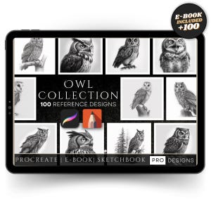 May include: A digital tablet displays a collection of owl illustrations. The screen shows a grid of detailed black and white owl drawings, with the text "OWL COLLECTION 100 REFERENCE DESIGNS" and "E-BOOK INCLUDED +100". The tablet also features the Procreate app icon.