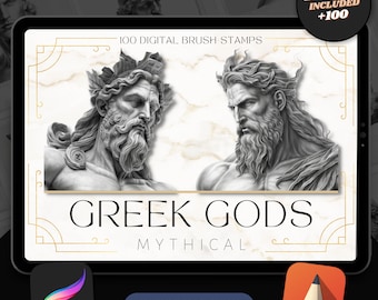 Könnte beinhalten: Digitale Pinsel-Stempel mit griechischen Göttern, auf Marmor-Hintergrund mit goldenen Akzenten. Der Text "100 Digital Brush Stamps" und "Greek Gods Mythical" ist auf dem Bild zu sehen. Der Text "E-Book Included +100" ist in einem roten Kasten dargestellt.