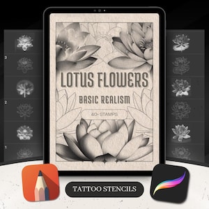 Lotusbloemborstels Procreate-borstelset | Lotustattoosjablonen en -stempelborstels | Referentieontwerpen voor tatoeages voortplanten | Pdf-e-boek