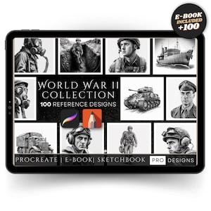 Op de afbeelding: Een digitale tablet met een verzameling referentieontwerpen over de Tweede Wereldoorlog. Het scherm toont illustraties van soldaten, een tank, een schip en andere oorlog gerelateerde afbeeldingen. De tekst op het scherm luidt "WORLD WAR II COLLECTION 100 REFERENCE DESIGNS". Een e-book met +100 ontwerpen is inbegrepen.