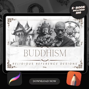 100 Buddhism Procreate Brush Stamps | Tattoo Designs | Digital Art | Procreate Brushes | Tattoo Flash Sheets | Religious Art