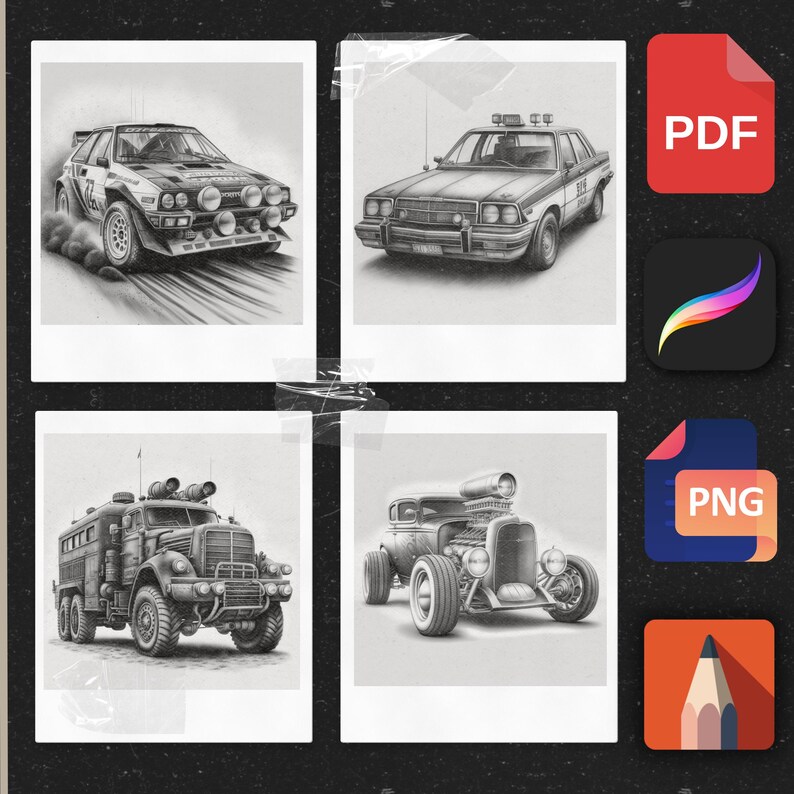 Car Tattoo Reference Pack: 100 Automotive Sketches (PNG, PDF, Procreate ...