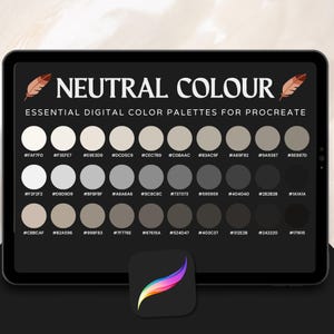 Puede incluir: Paleta de colores digitales mostrada en la pantalla de una tableta. El texto "NEUTRAL COLOUR" está en la parte superior, con muestras de color debajo. El icono de la aplicación Procreate está en la esquina inferior. La paleta incluye varios tonos de gris y beige.