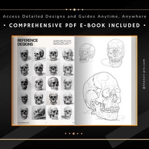 May include: An open book with a black and white illustration of a human skull on the right page. The left page features a grid of 20 smaller black and white illustrations of human skulls. The book title is "Reference Designs".