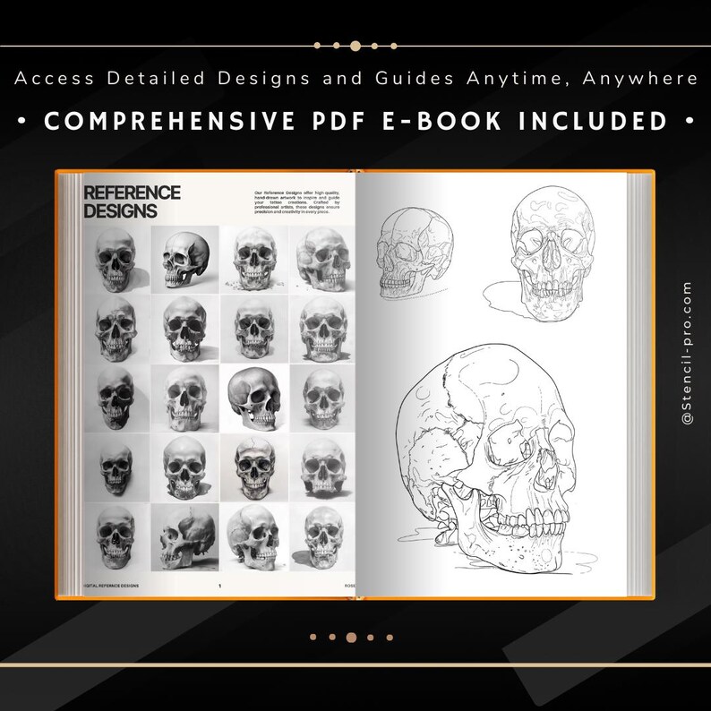 May include: An open book with a black and white illustration of a human skull on the right page. The left page features a grid of 20 smaller black and white illustrations of human skulls. The book title is "Reference Designs".