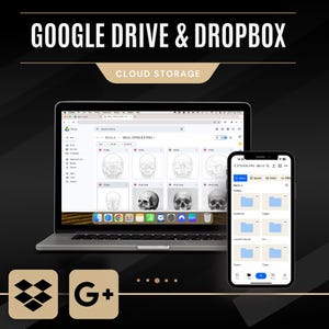 May include: A laptop computer screen showing a Google Drive window with a folder titled "SKULLS - SKULL STENCILS PNG" and a smartphone screen showing a Dropbox window with a folder titled "STENCIL PRO GEN 2". The image also includes the Google Drive and Dropbox logos.