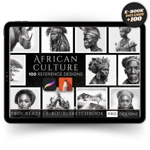 Peut inclure: Une tablette numérique affiche des illustrations en noir et blanc de la culture africaine. Le texte "AFRICAN CULTURE 100 REFERENCE DESIGNS" est mis en évidence. La tablette comprend également le texte "PROCREATE | E-BOOK | SKETCHBOOK | PRO DESIGNS".