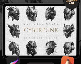 50 Cyberpunk Mask Tattoo Designs: Procreate Brush Stamps (Digital Download)