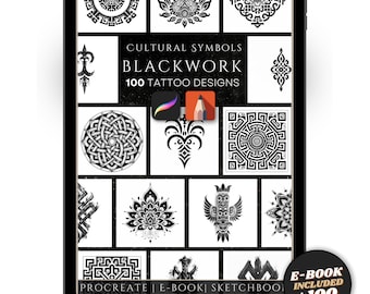 Blackwork Cultural Tattoo Designs: 100 Procreate Stamps, Sketchbook Brushes (PDF eBook)