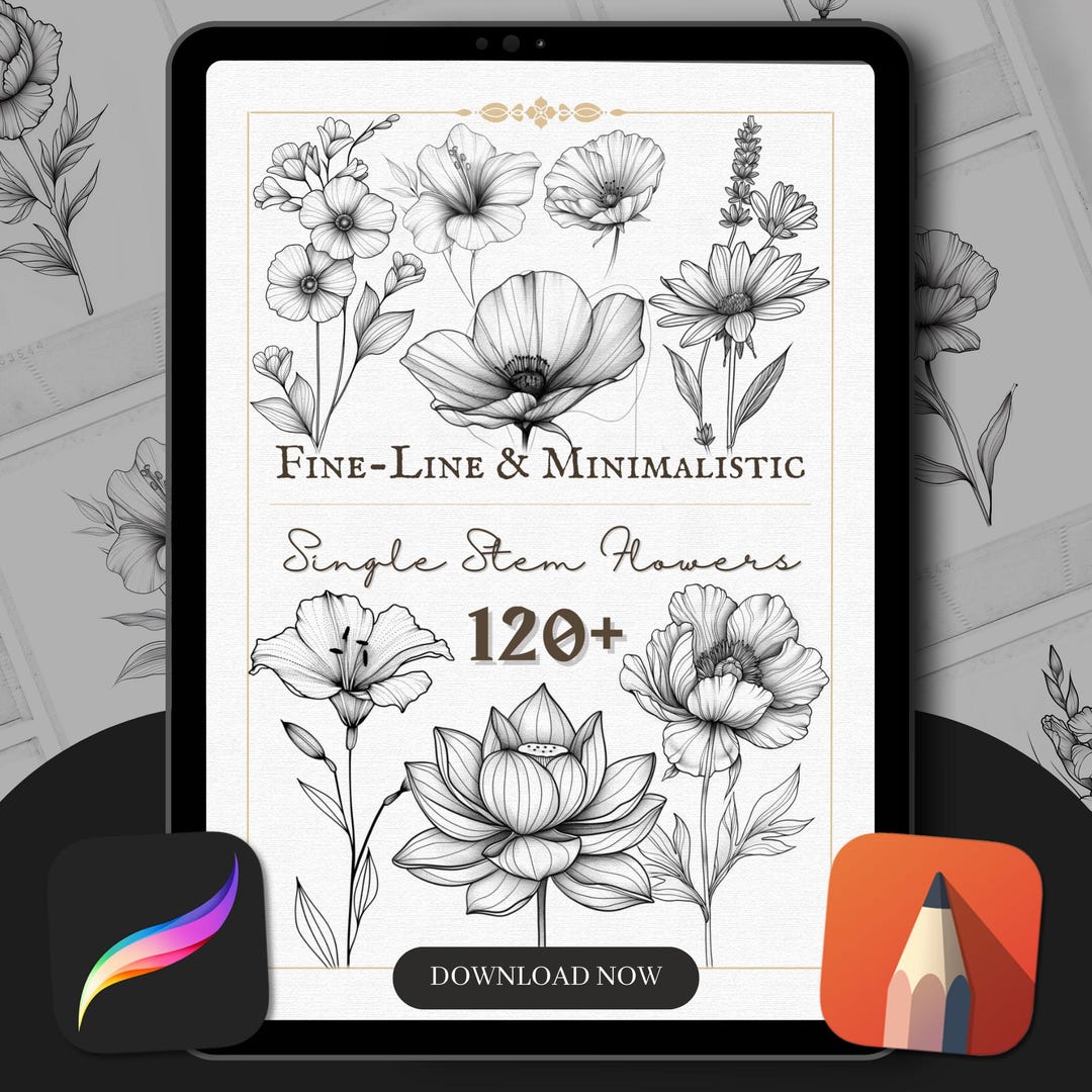 Fineline Floral Tattoo Stencil: Procreate Brush Stamp Pack (digital ...