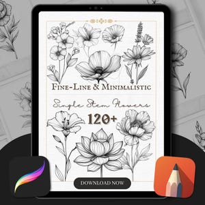 Fineline Single Stem Flowers | Pędzle Procreate | Zestaw znaczków Tattoo Flash | Minimalistyczne wzory tatuaży kwiatowych | Szkicownik szablonów tatuaży