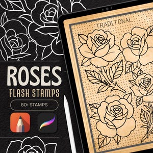 May include: Digital art of rose flash stamps on a tablet. The tablet displays traditional rose designs in black outlines on a tan background. The words "Roses Flash Stamps" are displayed with app icons and a stylus.