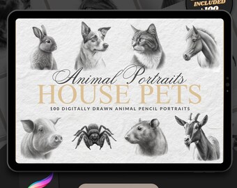 Tierkopf Procreate Pinsel-Stempel: 100 Haustier Tattoo Designs (Digitaler Download)