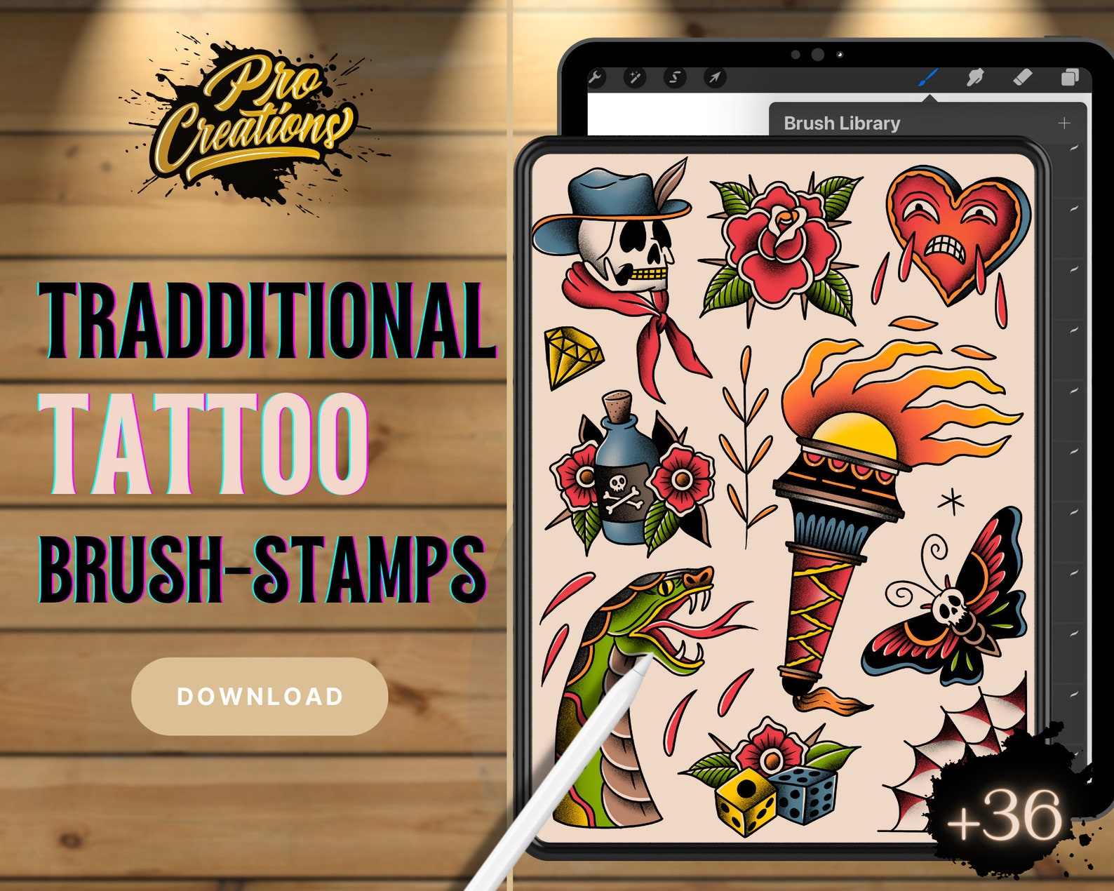 Traditional Tattoo Procreate Brush Set: 36x Tattoo Stamp Brushes ...