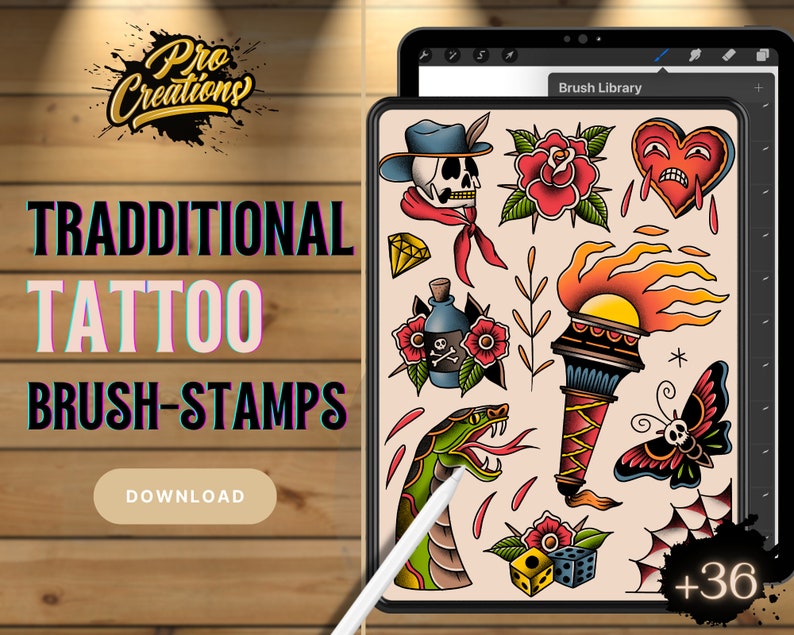 Traditional Tattoo Procreate Brush Set: 36x Tattoo Stamp Brushes ...