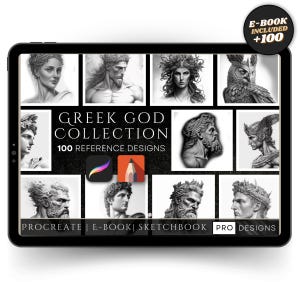 Può includere: Un tablet digitale che mostra illustrazioni in scala di grigi di dei e dee greche. Il testo "GREEK GOD COLLECTION" e "100 REFERENCE DESIGNS" sono visibili. Il tablet include anche il testo "E-BOOK INCLUDED +100" e "PRO DESIGNS".