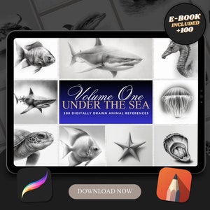 May include: A digital illustration set featuring 100 drawings of sea creatures, including a shark, turtle, jellyfish, and starfish. The set is titled "Volume One Under The Sea" and includes an e-book with over 100 pages.