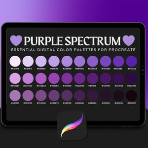 May include: A digital tablet displays a purple color palette titled "Purple Spectrum" with the text "Essential Digital Color Palettes for Procreate." The palette includes various shades of purple, each with a hexadecimal color code. A Procreate app icon is at the bottom.